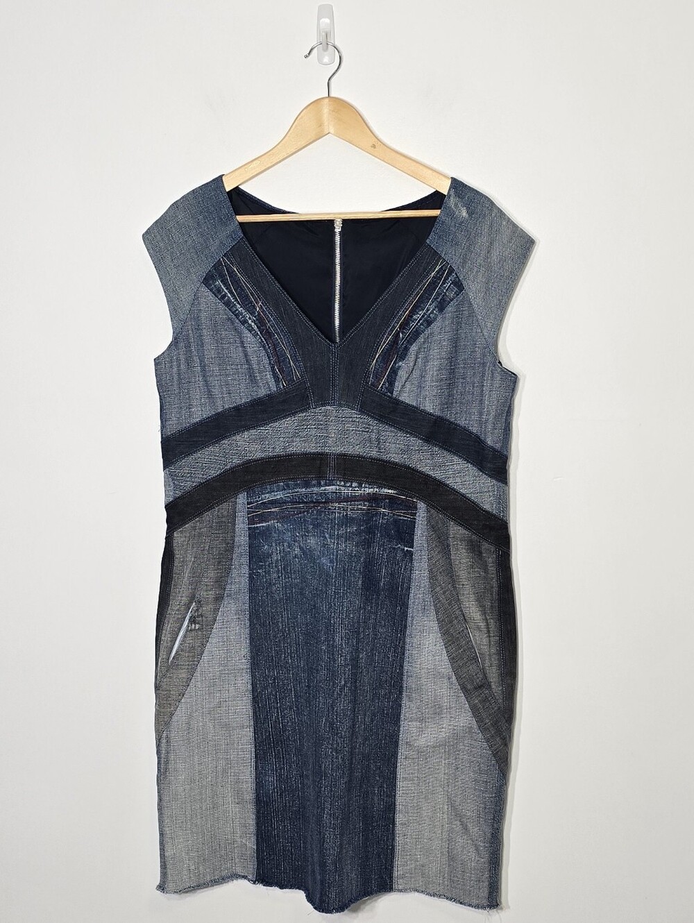 Handcrafted Multiple Tone Blue Denim Jeans Sleeveless Zip Back Deep VNeck Dress